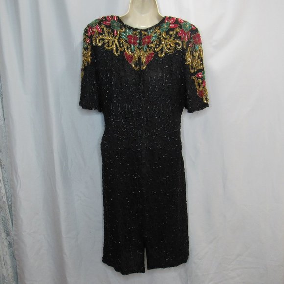 Vintage Star & Style Sequin Holiday Cocktail Trophy Dress Size L 100% Silk - Picture 2 of 9